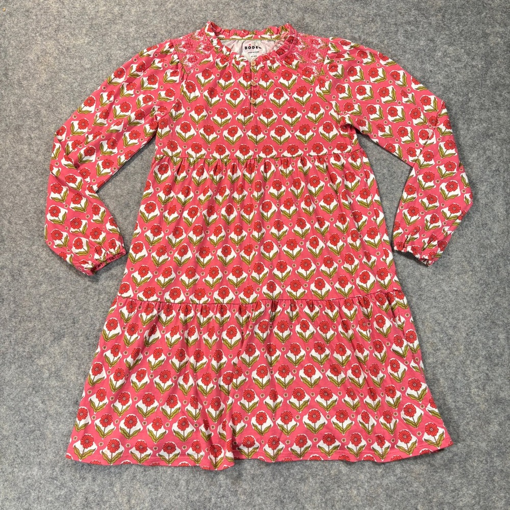 Mini Boden Dress Girls 12 Pink Floral Smocked Tiered Long Sleeve Jersey NWOT